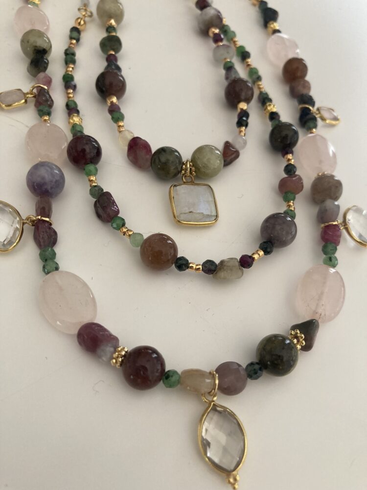 3 colliers pierre naturelle quartz rose rhodonite unique fait main acier inoxydable